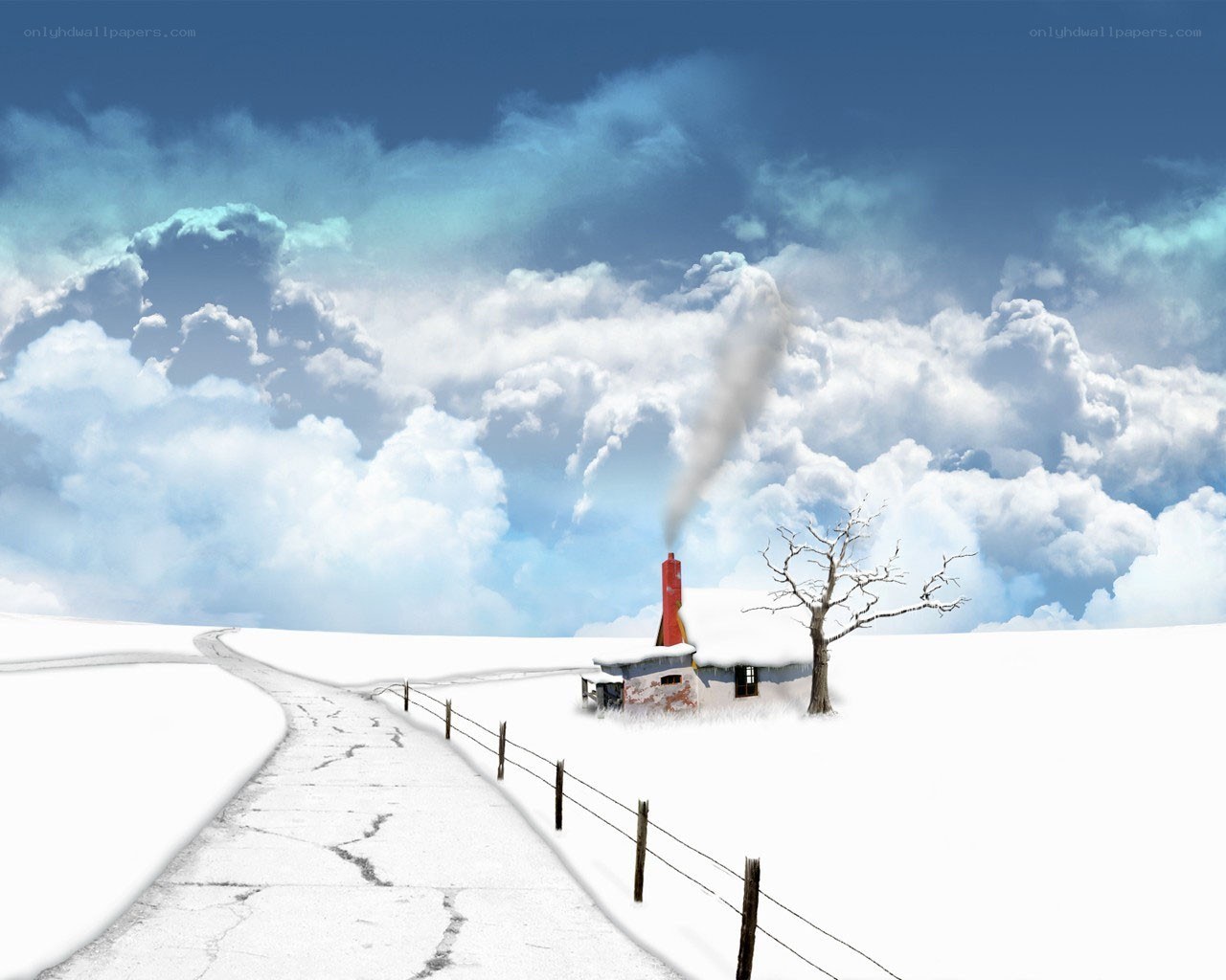 Snowy cottage with smoke