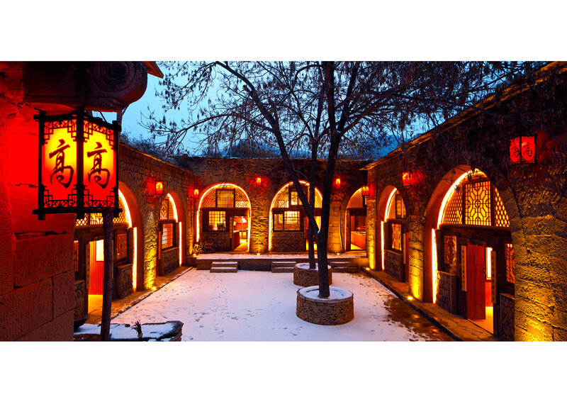 Snowy Courtyard at Night — Red