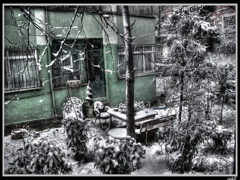 Snowy courtyard scene