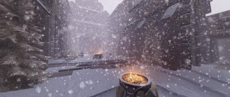 Snowy Courtyard with Fire Pit