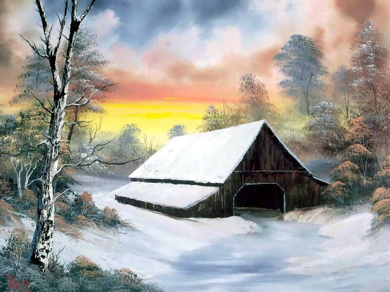 Snowy Covered Bridge at Sunset