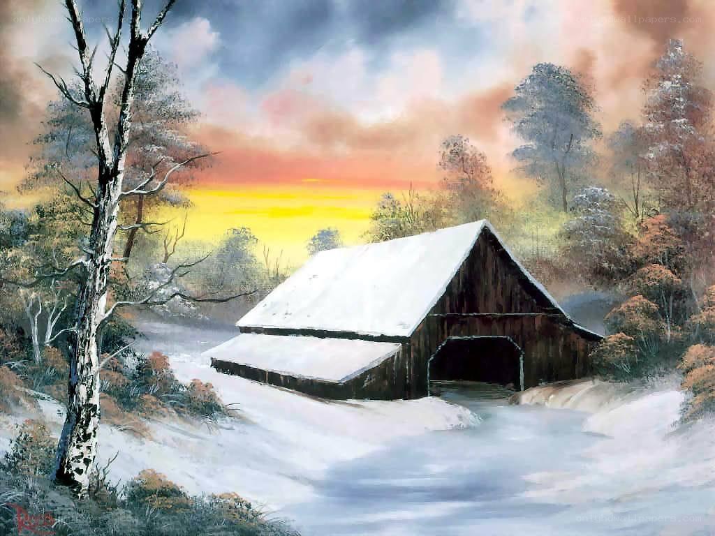 Snowy Covered Bridge at Sunset