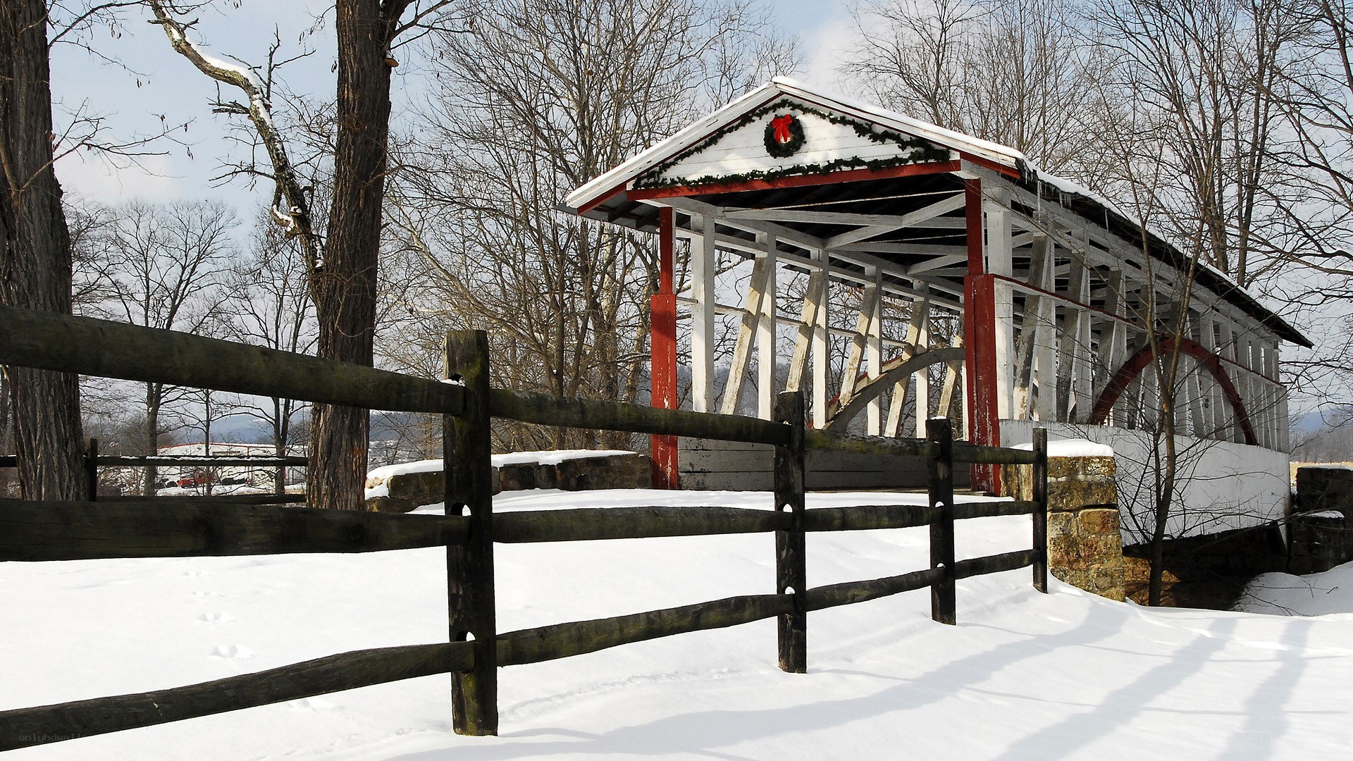snowy covered bridge in winter