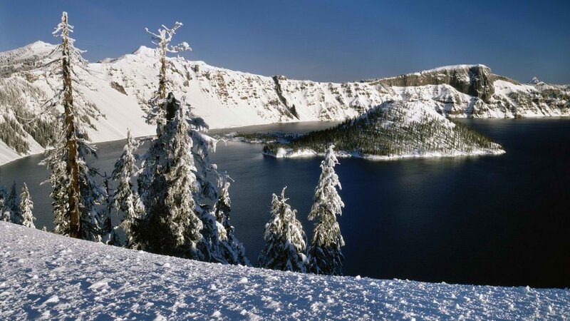 Snowy Crater Lake Landscape