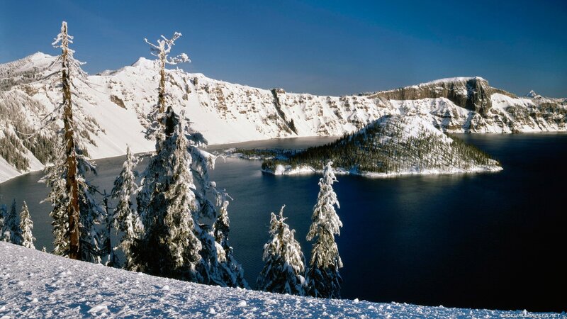 Snowy Crater Lake Landscape