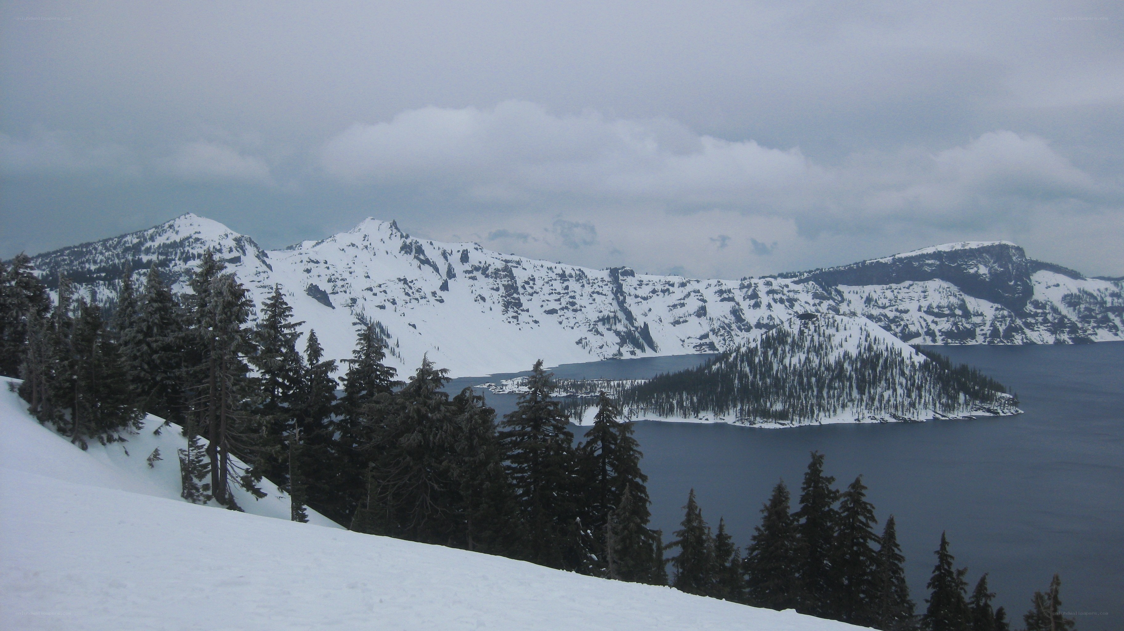 Snowy Crater Lake Landscape