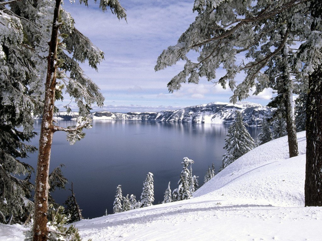 Snowy Crater Lake View