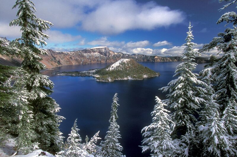 Snowy Crater Lake View