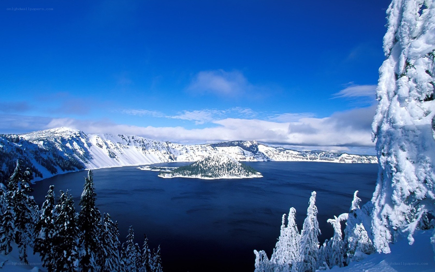 Snowy Crater Lake View