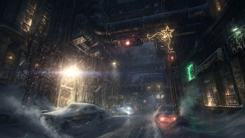 snowy cyberpunk city street