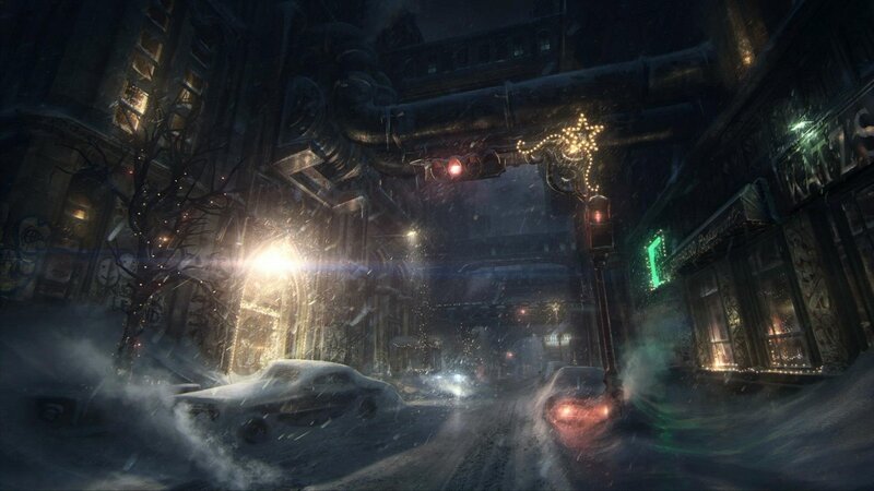 snowy cyberpunk city street