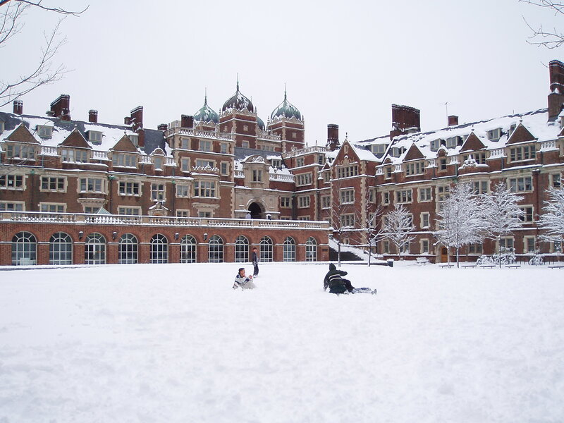 Snowy day at a historic campus