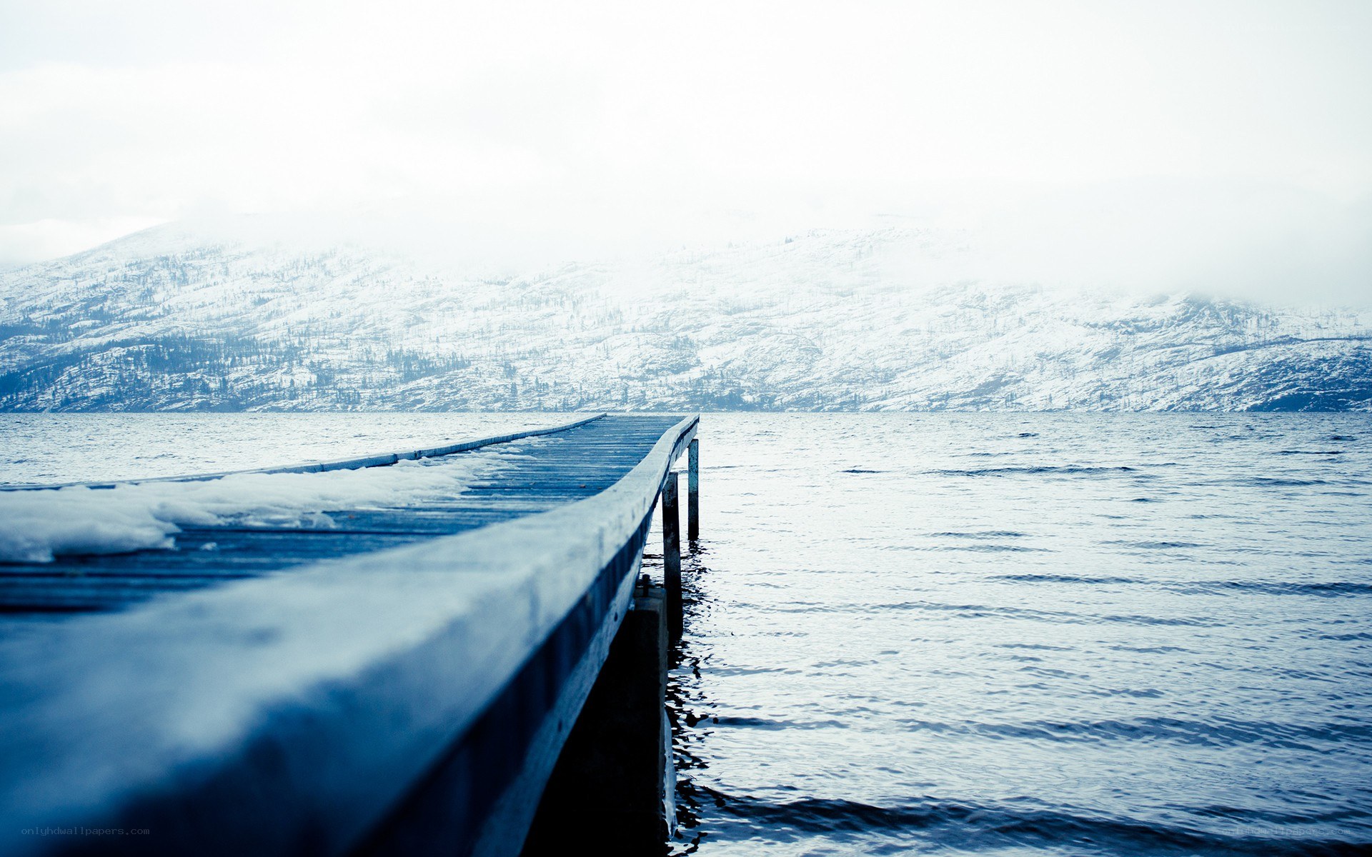 Snowy dock on a lake