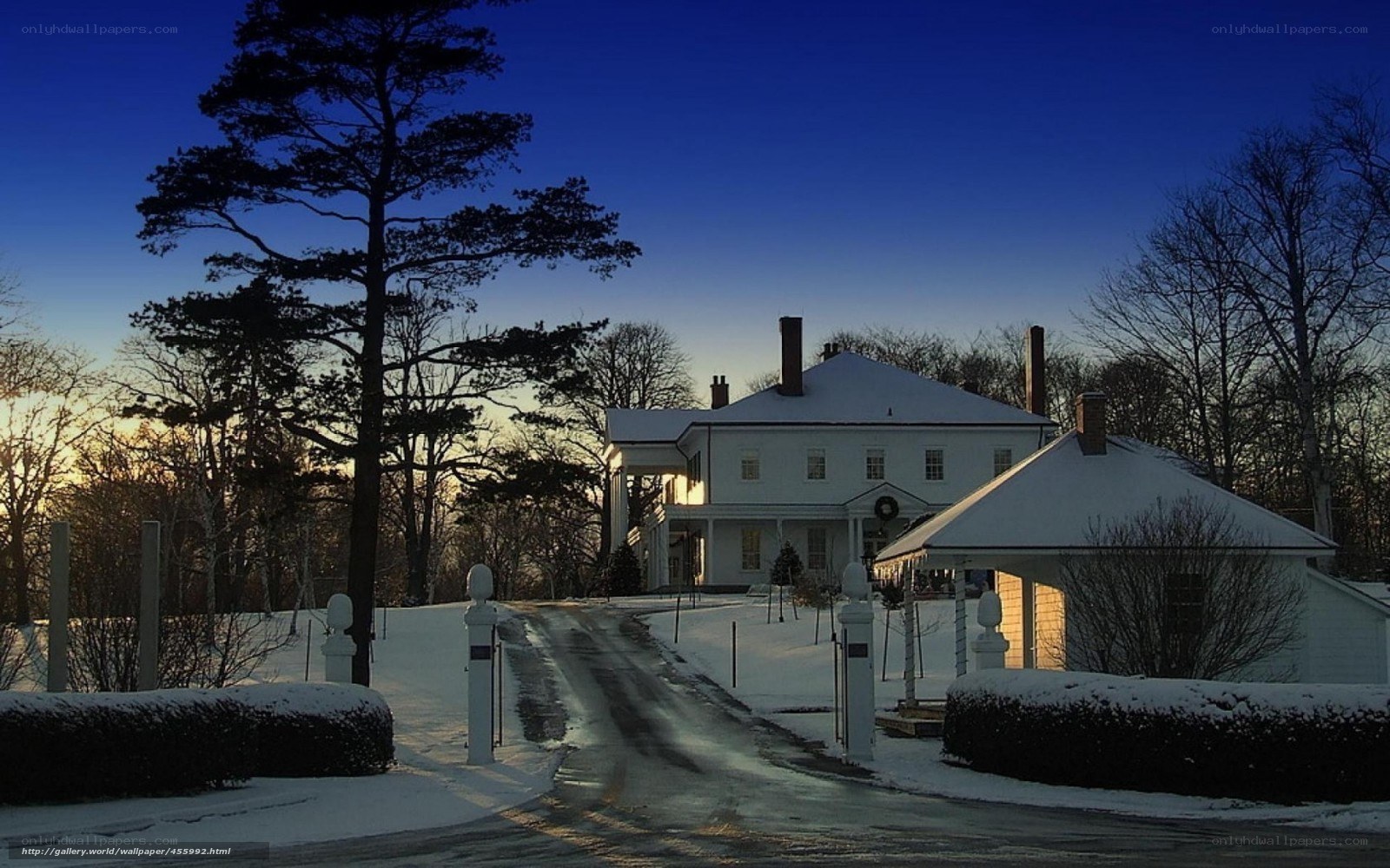 Snowy estate at dusk