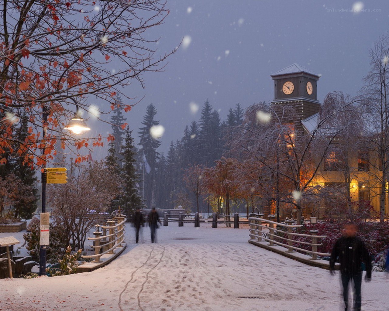 Snowy evening at a clock tower