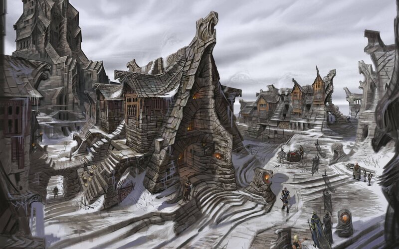 snowy fantasy village concept art