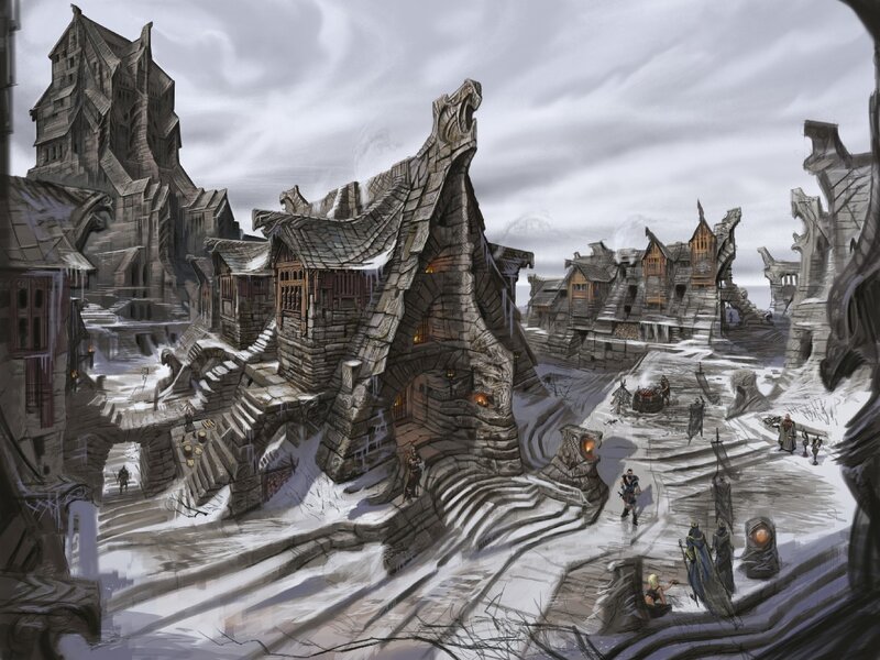snowy fantasy village scene
