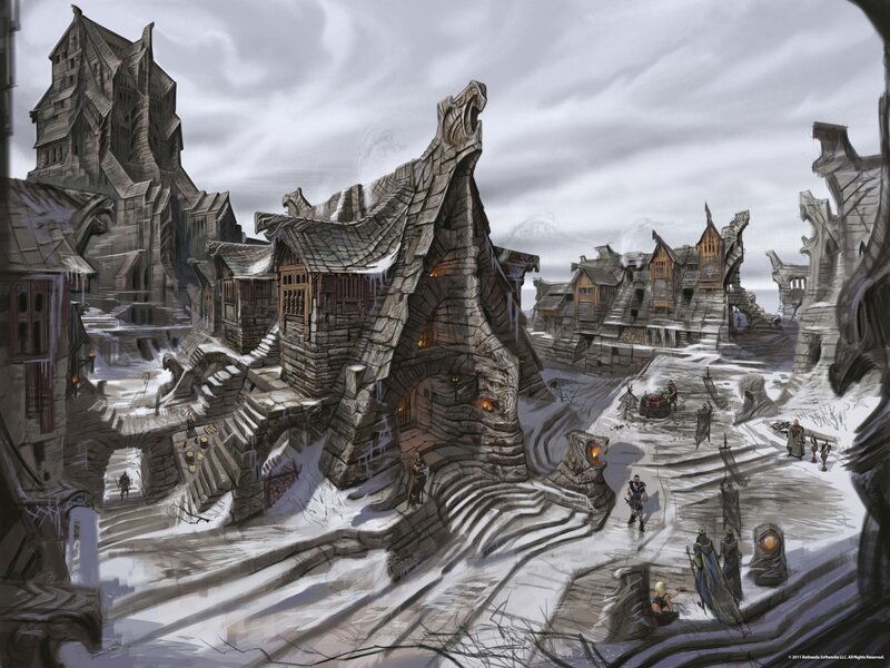 snowy fantasy village scene
