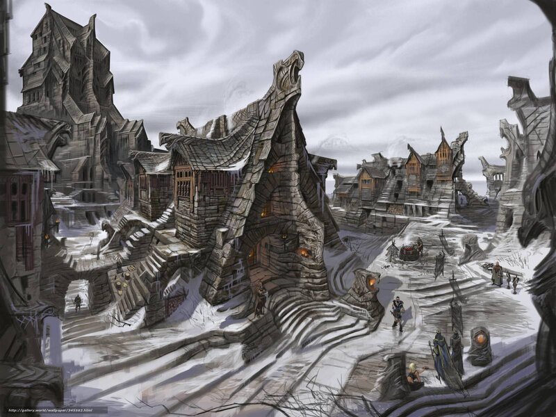 snowy fantasy village scene