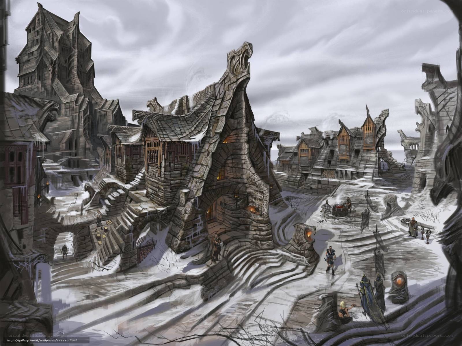snowy fantasy village scene