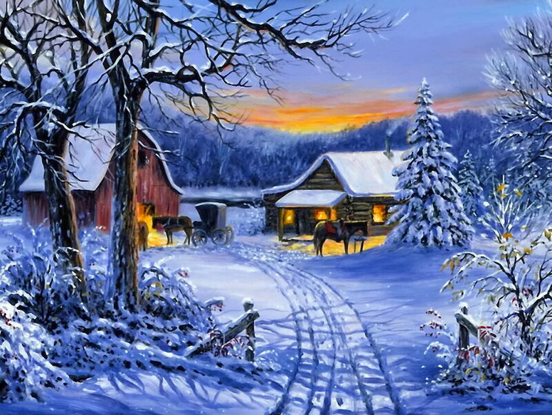 Snowy Farm at Dusk — Blue