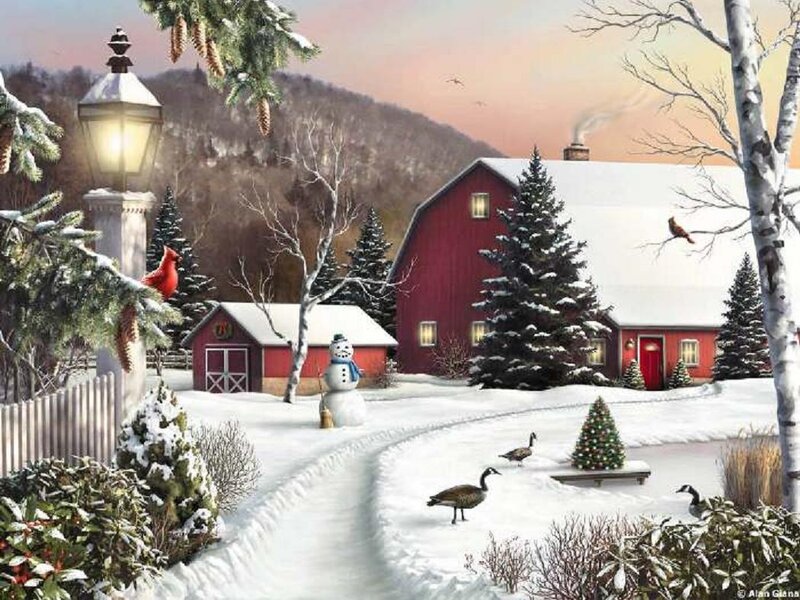 Snowy Farm at Dusk — Red