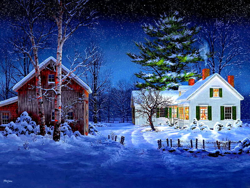 Snowy Farm at Night — Blue