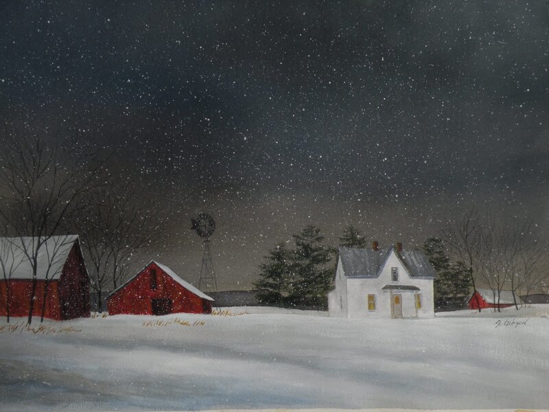 Snowy Farm at Night