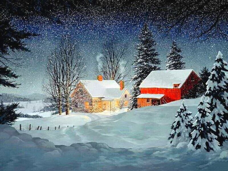 Snowy Farm at Night — White, Serene