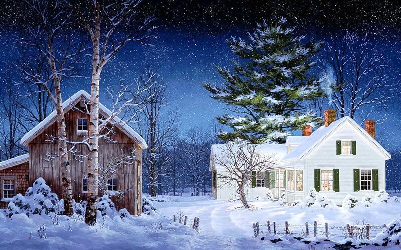 Snowy Farm at Night — White