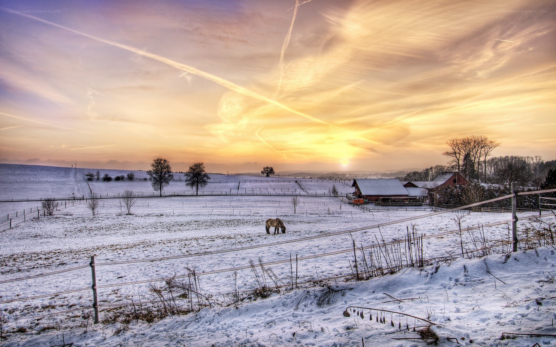 Snowy farm at sunset