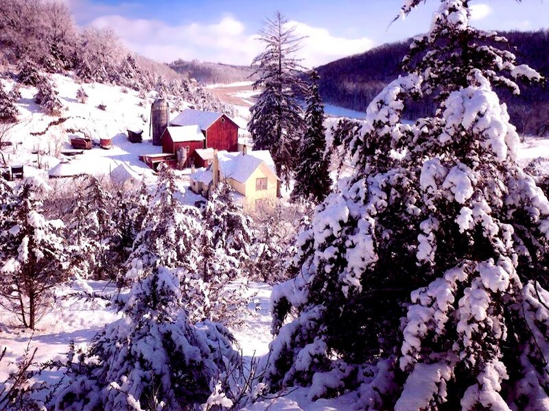 Snowy farm in winter landscape