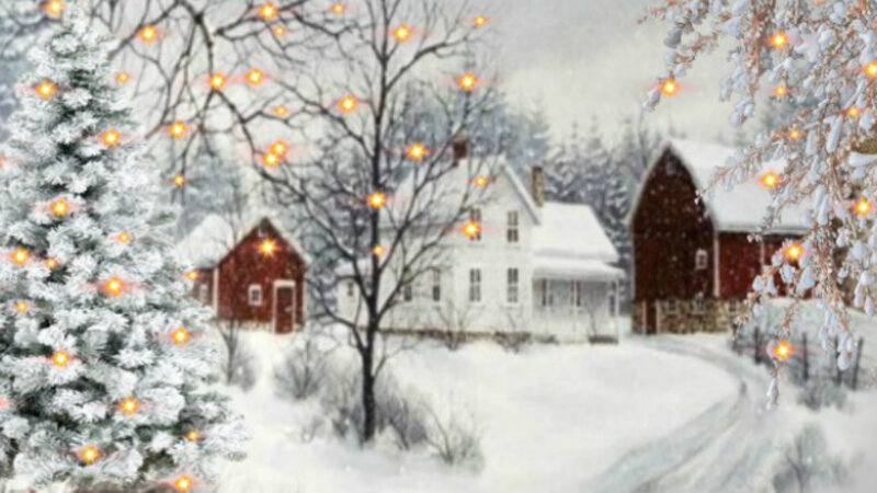 Snowy Farm with Lights