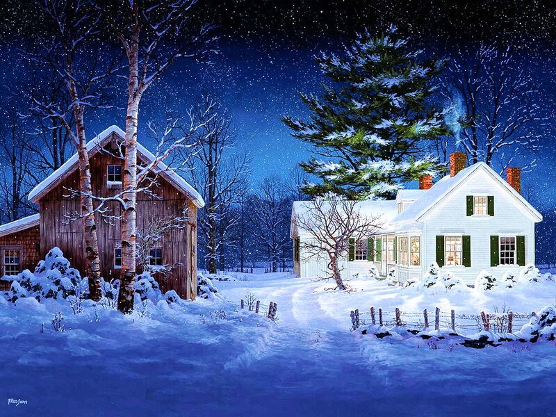 Snowy Farmhouse at Night