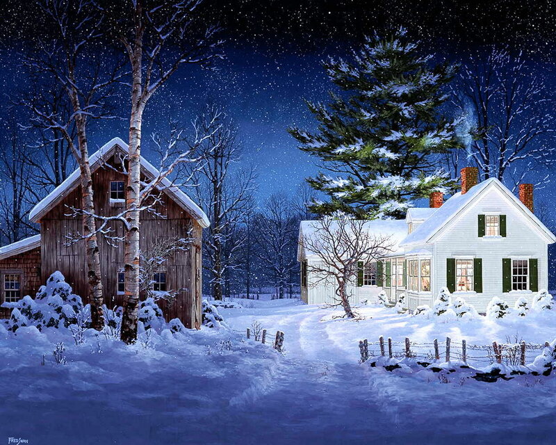 Snowy Farmhouse at Night — White, Serene