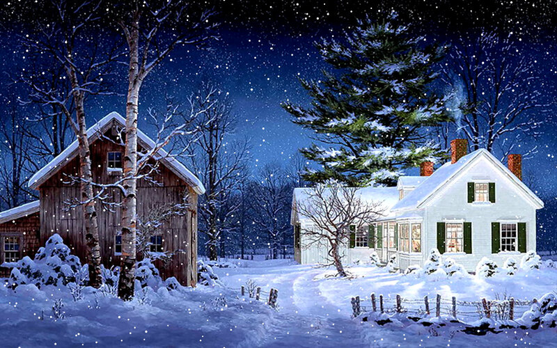 Snowy Farmhouse at Night — White