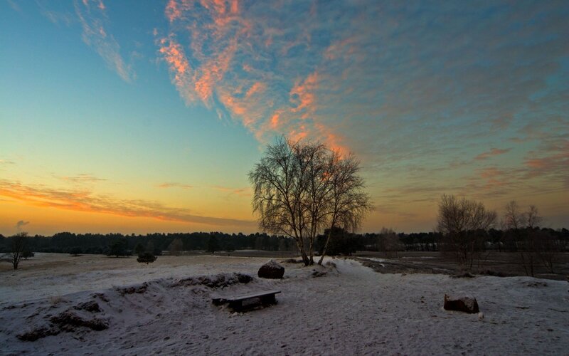Snowy field at sunset