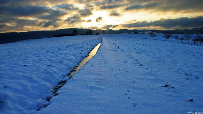 Snowy field at sunset