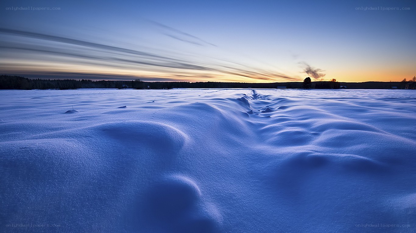 Snowy field at sunset