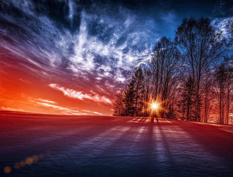 Snowy Field at Sunset — Red