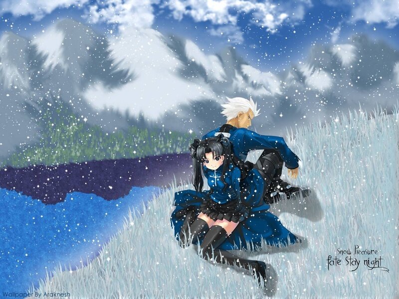 Snowy field scene with anime characters