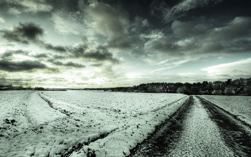 Snowy field under cloudy sky
