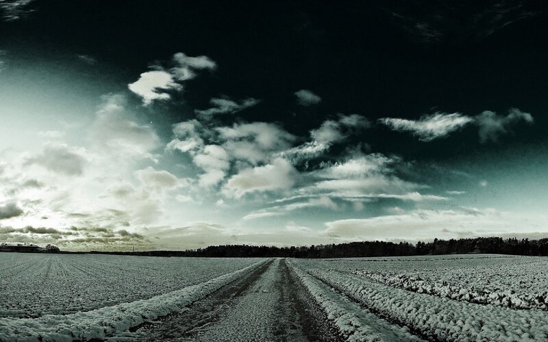 Snowy field with dirt path