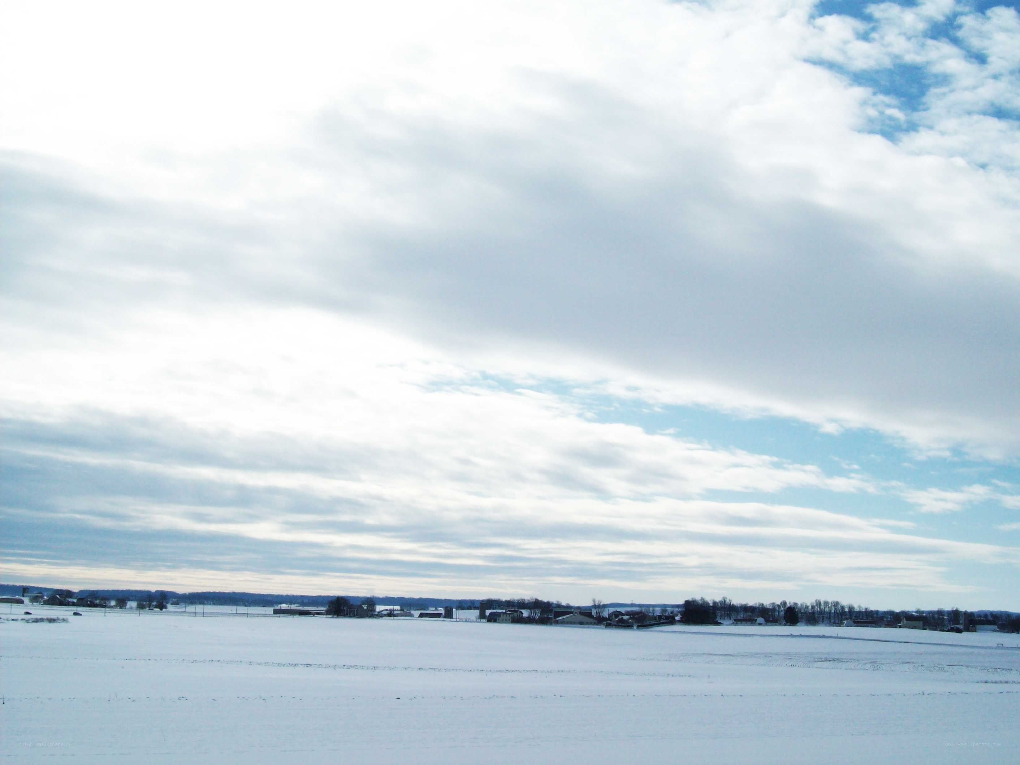 snowy field with distant buildings