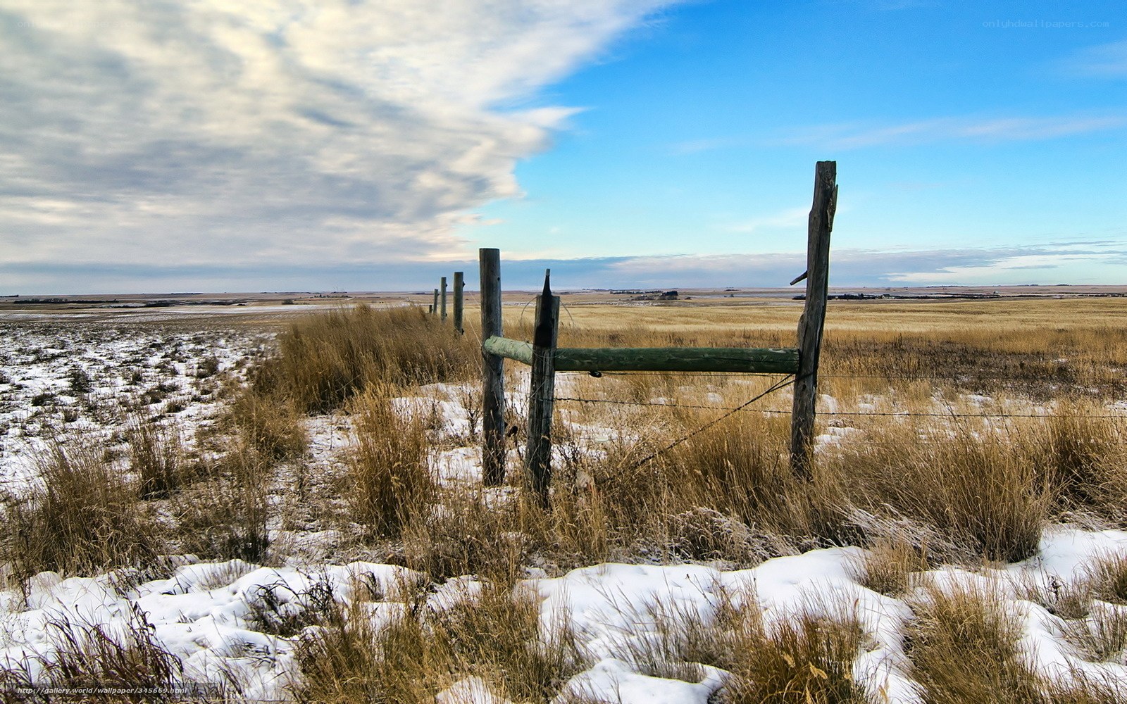 Snowy field with wooden fence