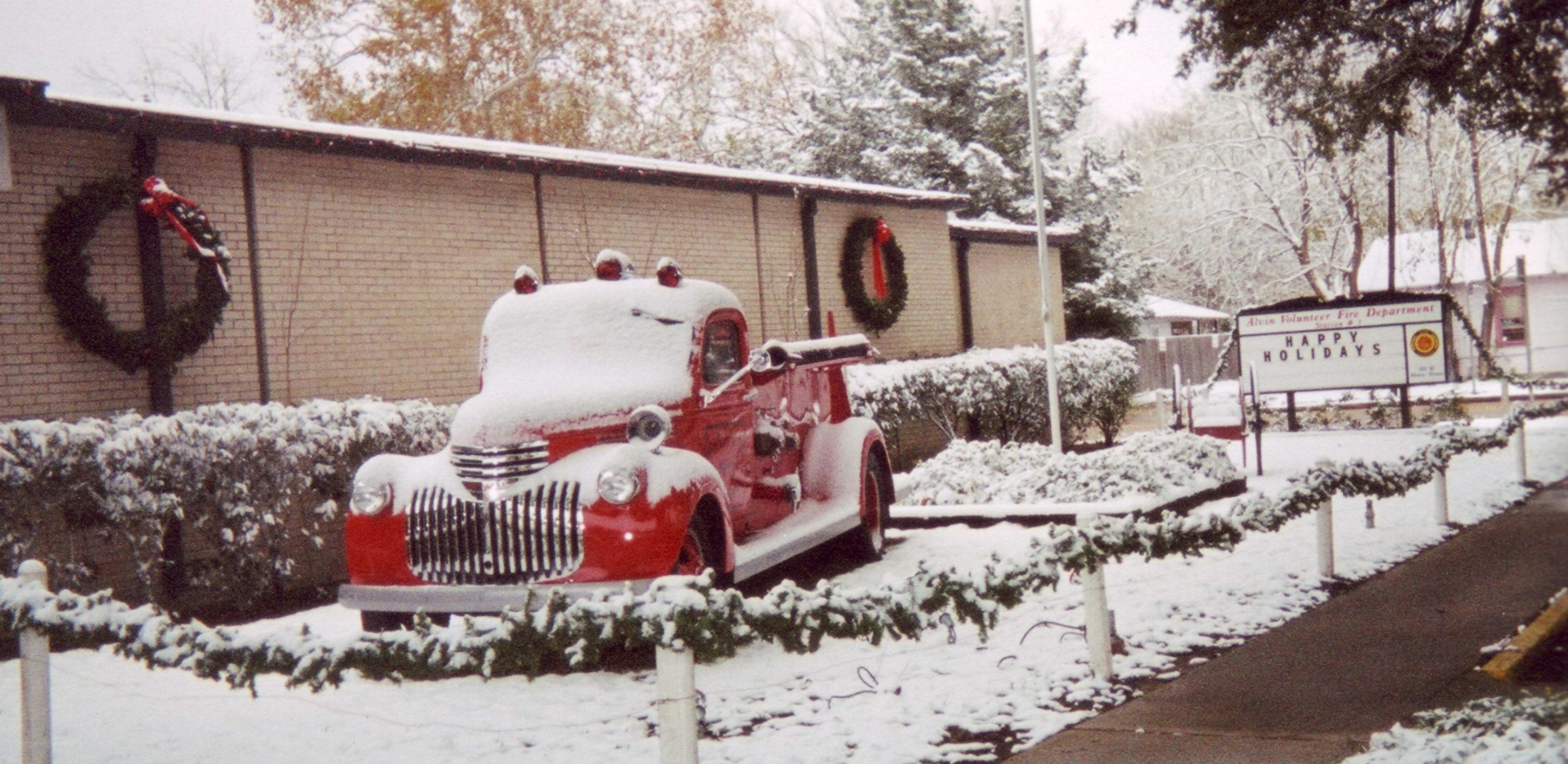 Snowy fire truck display