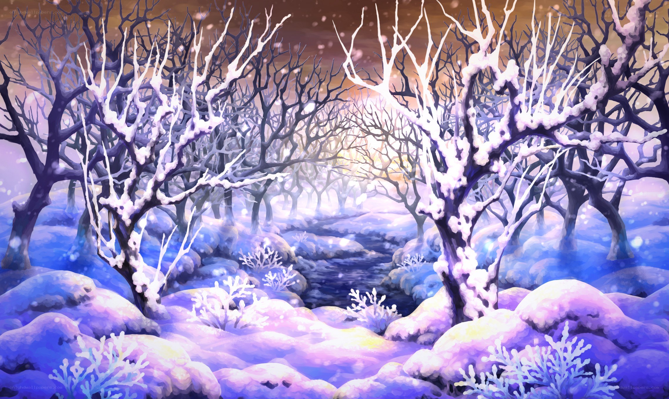 snowy forest at dusk