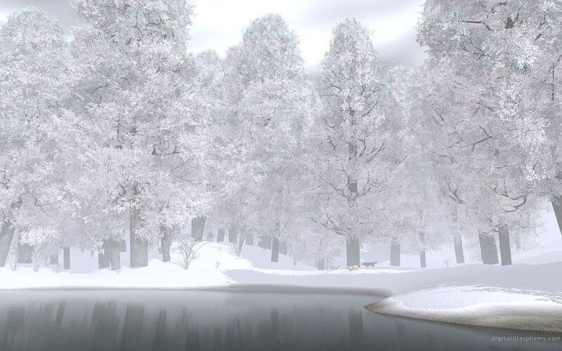 Snowy forest by a lake