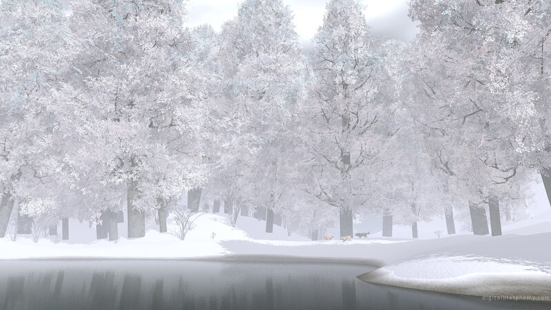 Snowy forest by a lake