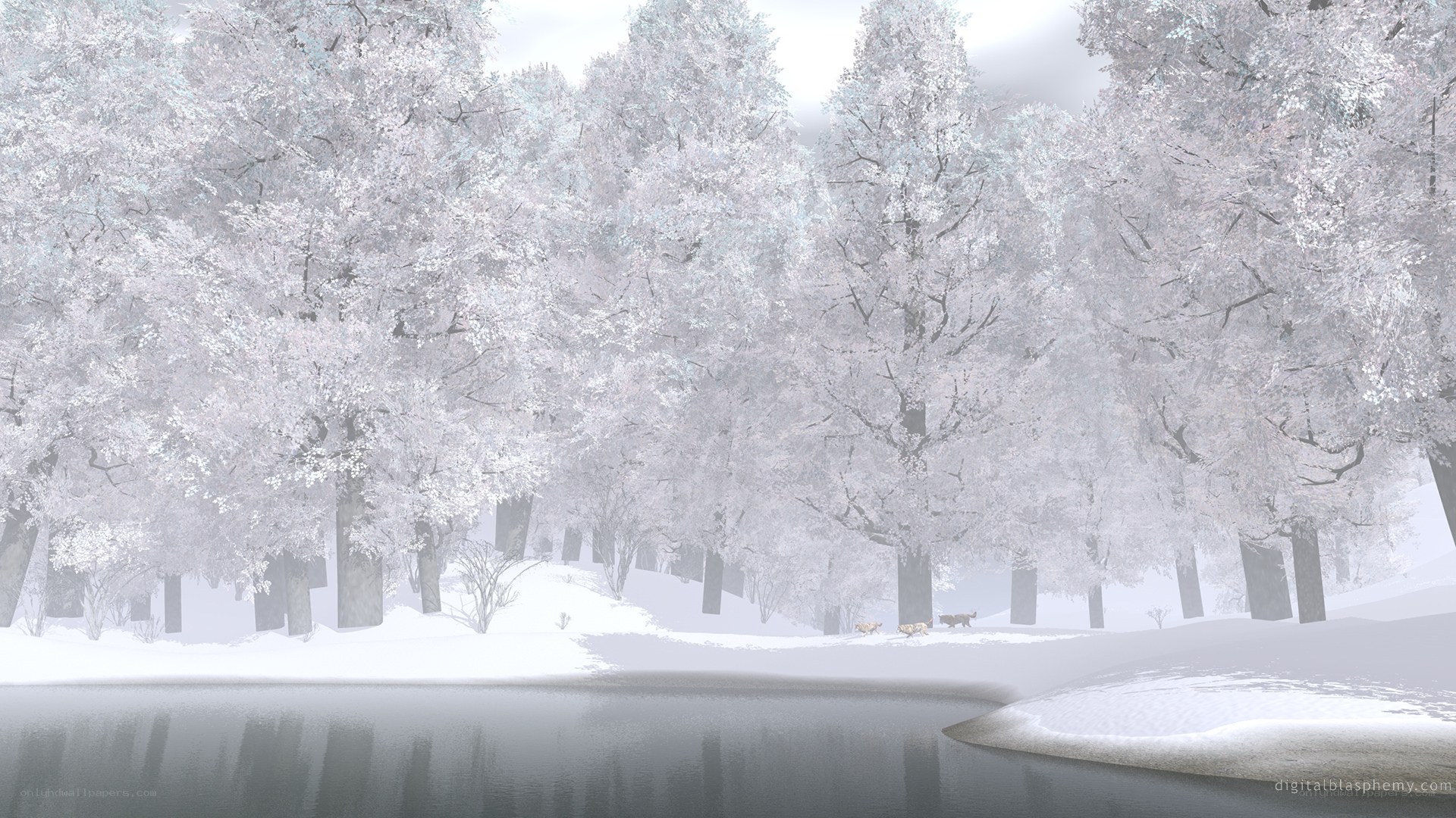 Snowy forest by a lake